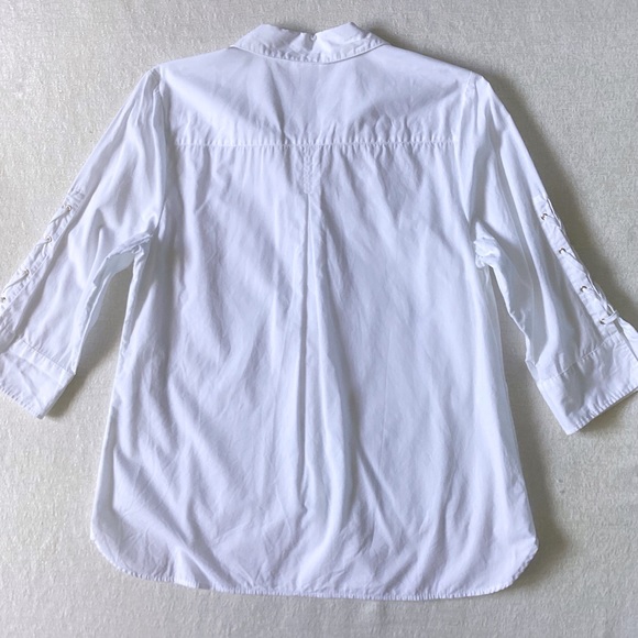 Chico’s Lace-Up Sleeve Shirt Woman’s 1 Small or 8 White 3/4 Length Sleeves - Picture 7 of 15
